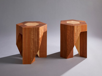 プロの技！「五角形寄木スツール」　ねじれ五角形におどろき！！ TAMEN Yosegi Pair Stool / タメン 寄木 ペアスツール - インテリア