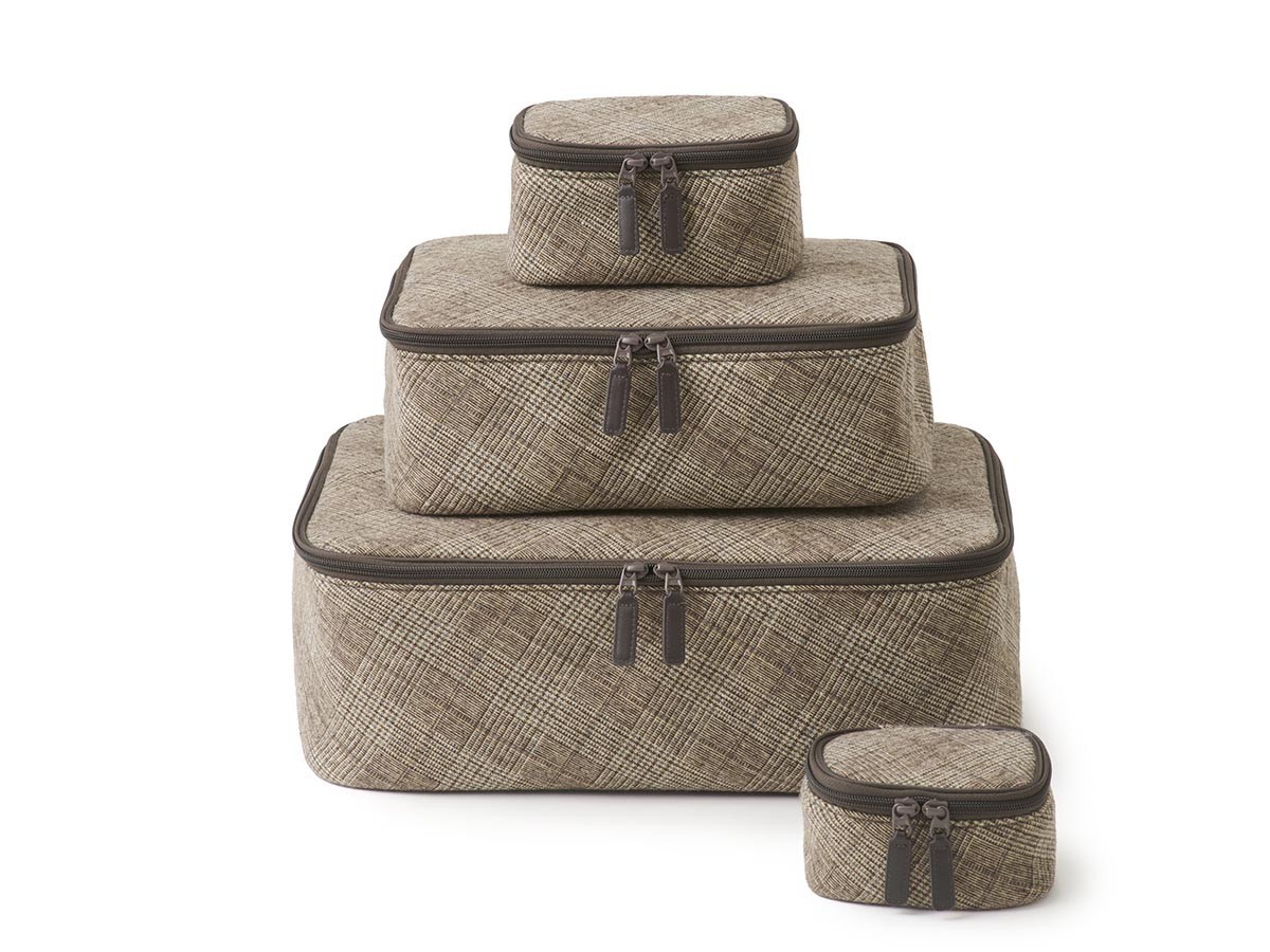 HOTEL LIKE INTERIOR Posh Plaid Pouch / ホテルライクインテリア ポッシュプレイドポーチ 刺繍入り4点セット（サンド × ブラウン） （インテリア雑貨 > その他インテリア雑貨） 4